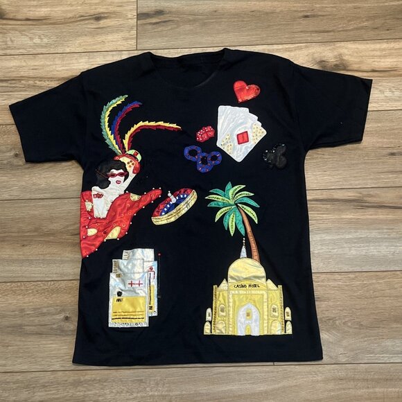Vintage Casino Embroidered T Shirt SZ Large Gambling Beaded Sequin Black Tee y2k - Picture 1 of 10